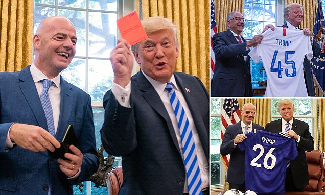 Trump gets personalised shirt from FIFA president Infantino and brandishes red card Trump gets personalised shirt from FIFA president Infantino and brandishes red card